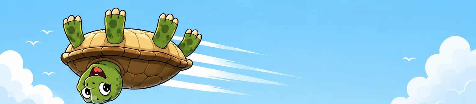 A cartoon turtle flying upside down through a blue sky